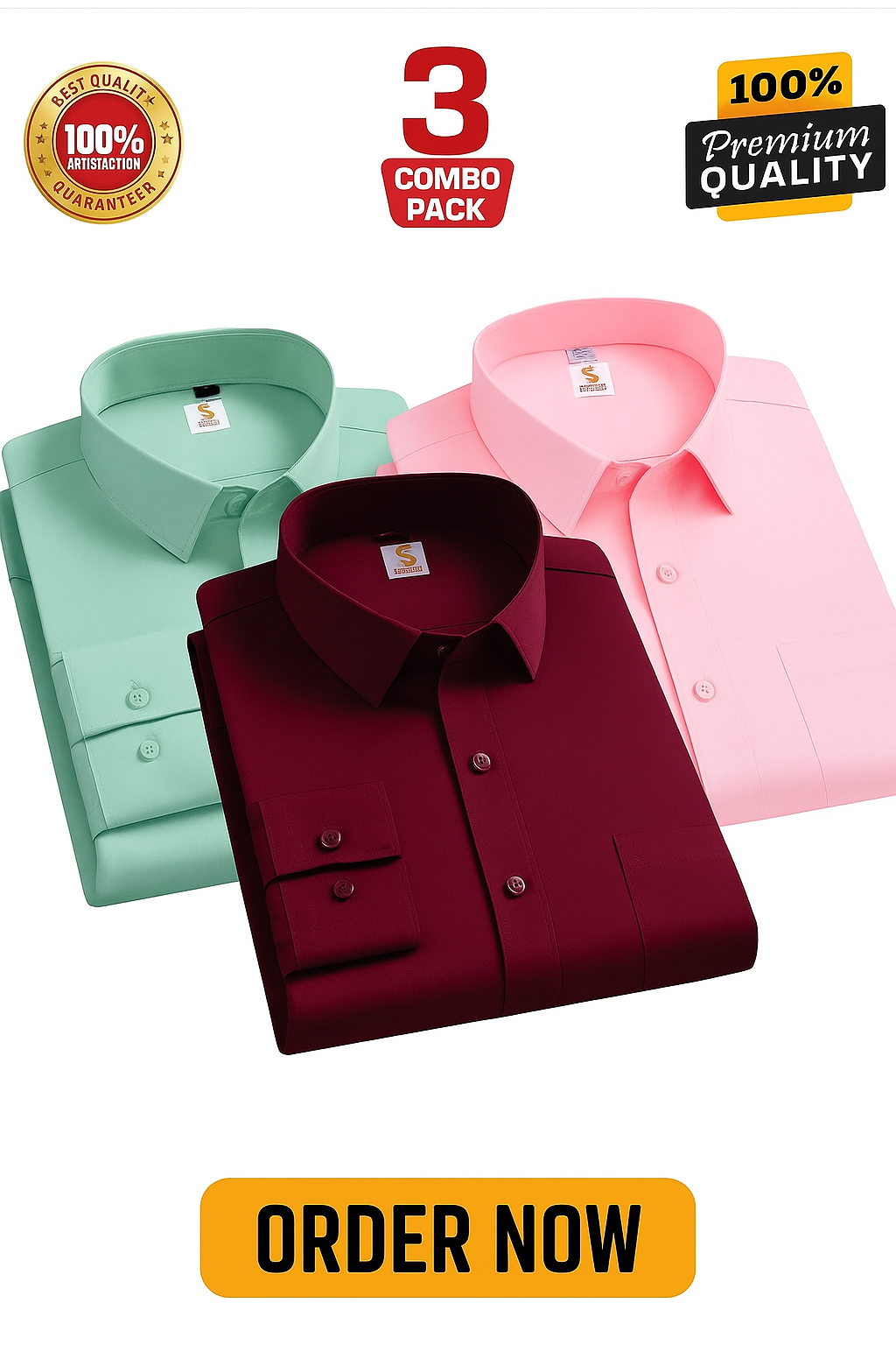Solid Shirt Combo Offer 3PC-Meroon, Pink, Pest - M